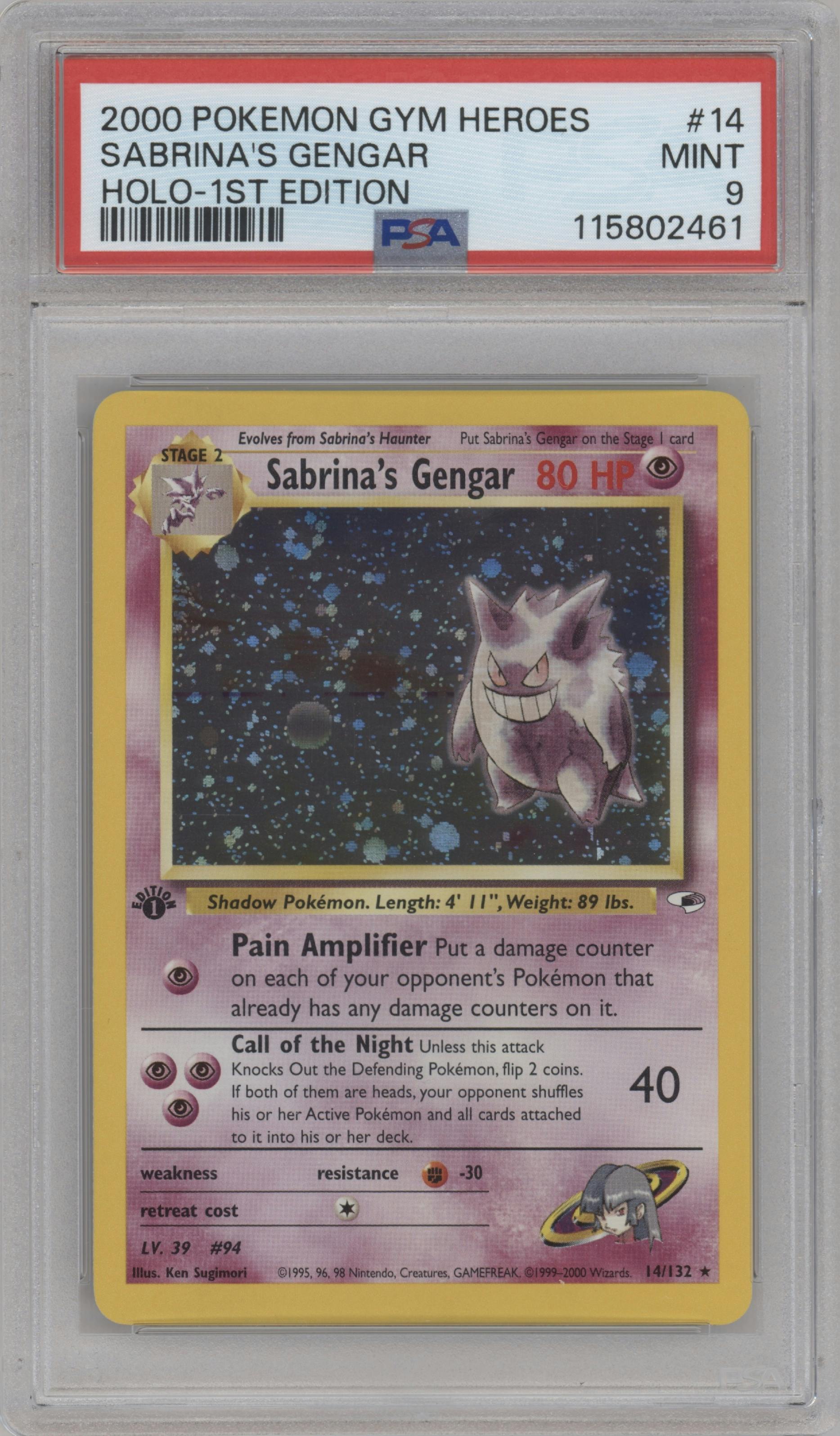 Sabrina's Gengar from the 2000 Pokemon GH set graded by PSA and given an overall grade of 9.