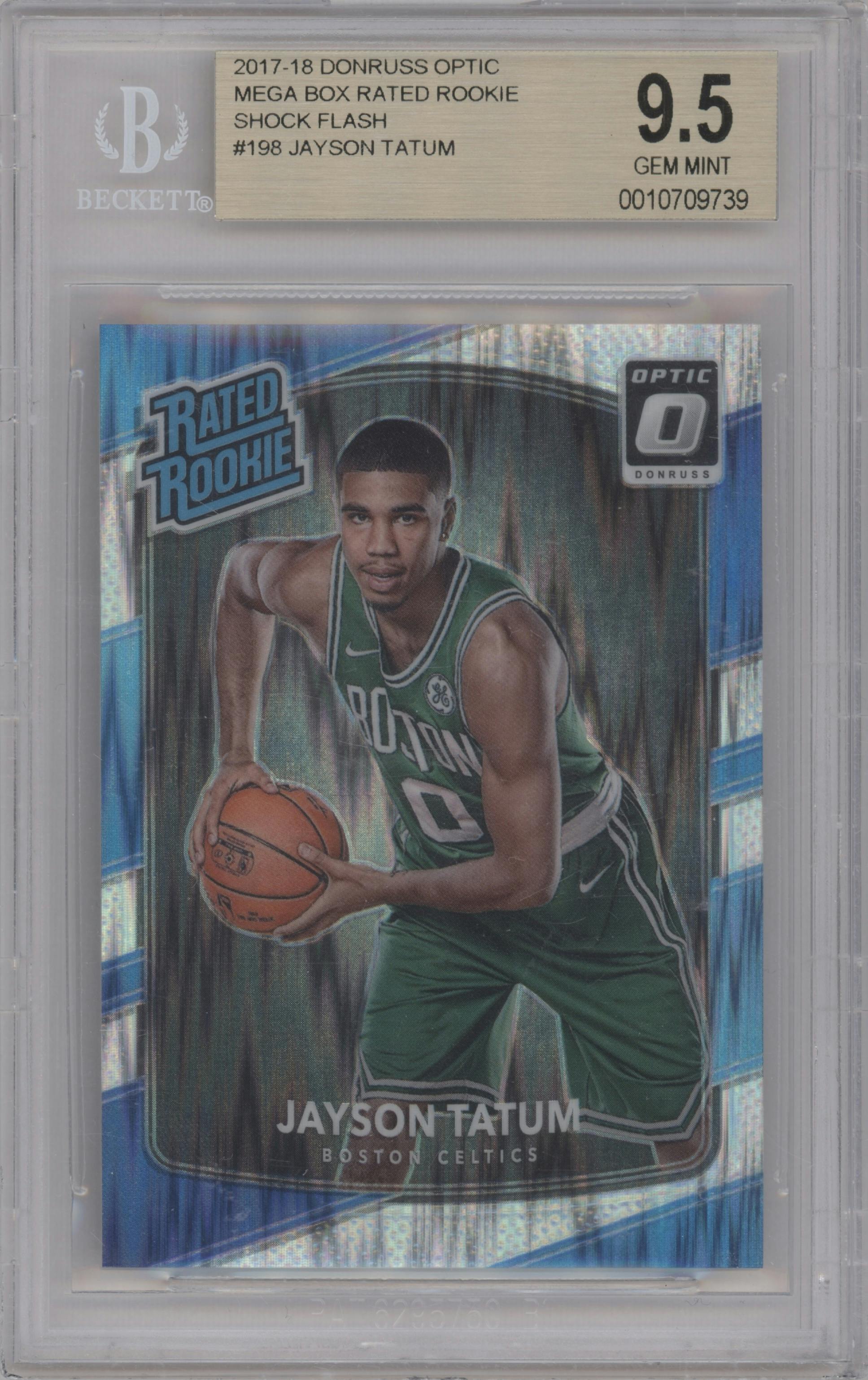 Jayson Tatum from the 2017-18 Panini Donruss Optic set featuring a Shock parallel graded by Beckett and given an overall grade of 9.5.