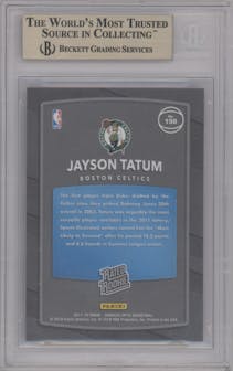 Jayson Tatum from the 2017-18 Panini Donruss Optic set featuring a Shock parallel graded by Beckett and given an overall grade of 9.5.