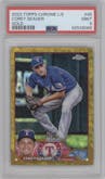 Corey Seager from the 2023 Topps Chrome Logofractor Edition set featuring a Gold Refractor parallel graded by PSA and given an overall grade of 9.
