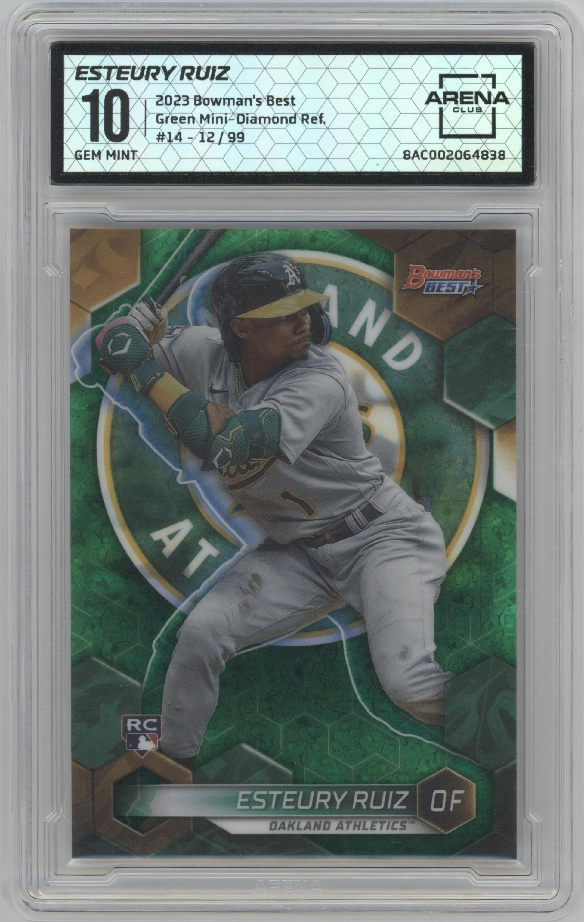 Esteury Ruiz  from the 2023 Bowman's Best set featuring a Green Mini-Diamond Refractor parallel graded by Arena Club and given an overall grade of 10.