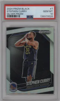Stephen Curry from the 2024-25 Panini Prizm Black set featuring a Silver parallel graded by PSA and given an overall grade of 10.