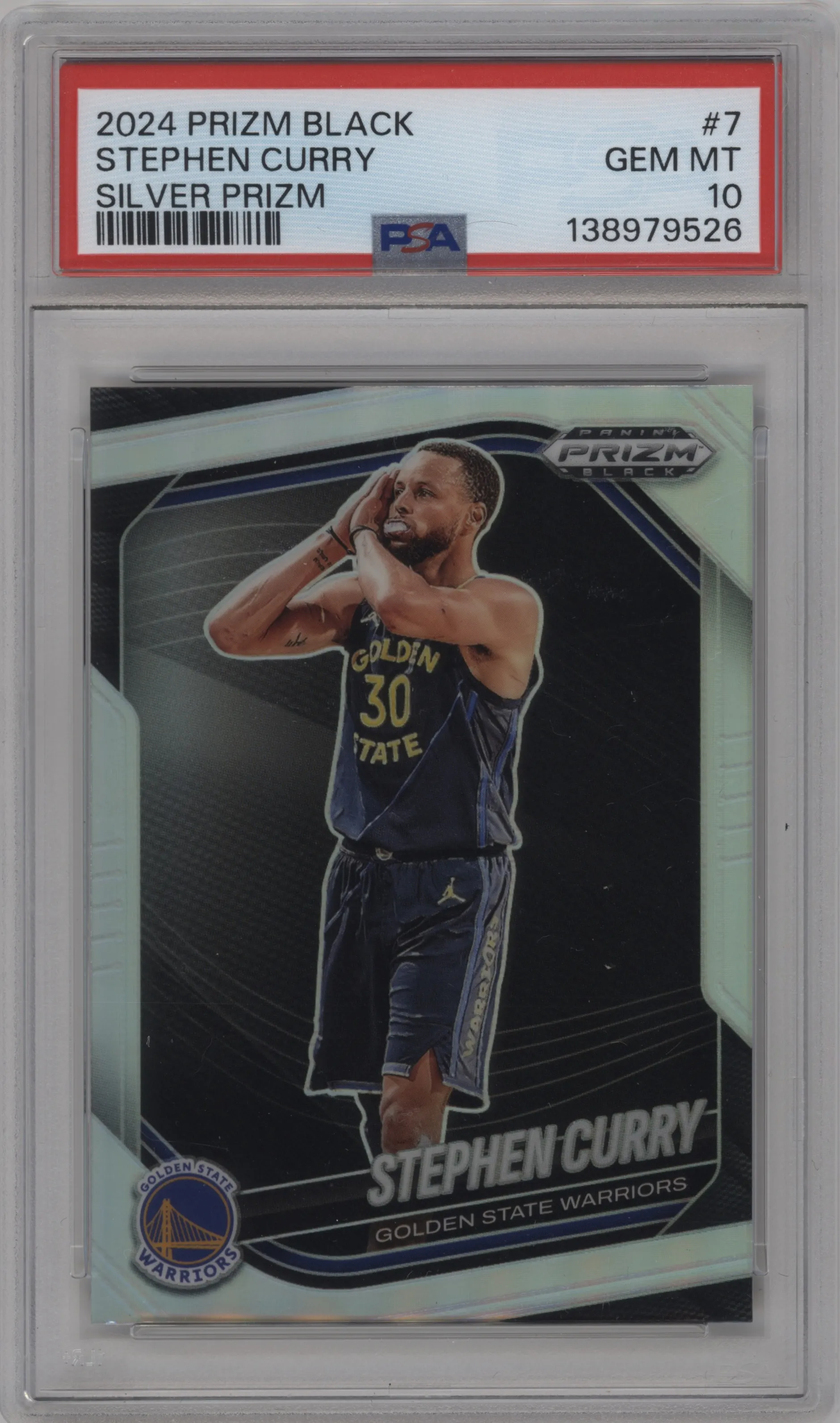 Stephen Curry from the 2024-25 Panini Prizm Black set featuring a Silver parallel graded by PSA and given an overall grade of 10.