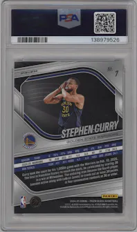 Stephen Curry from the 2024-25 Panini Prizm Black set featuring a Silver parallel graded by PSA and given an overall grade of 10.