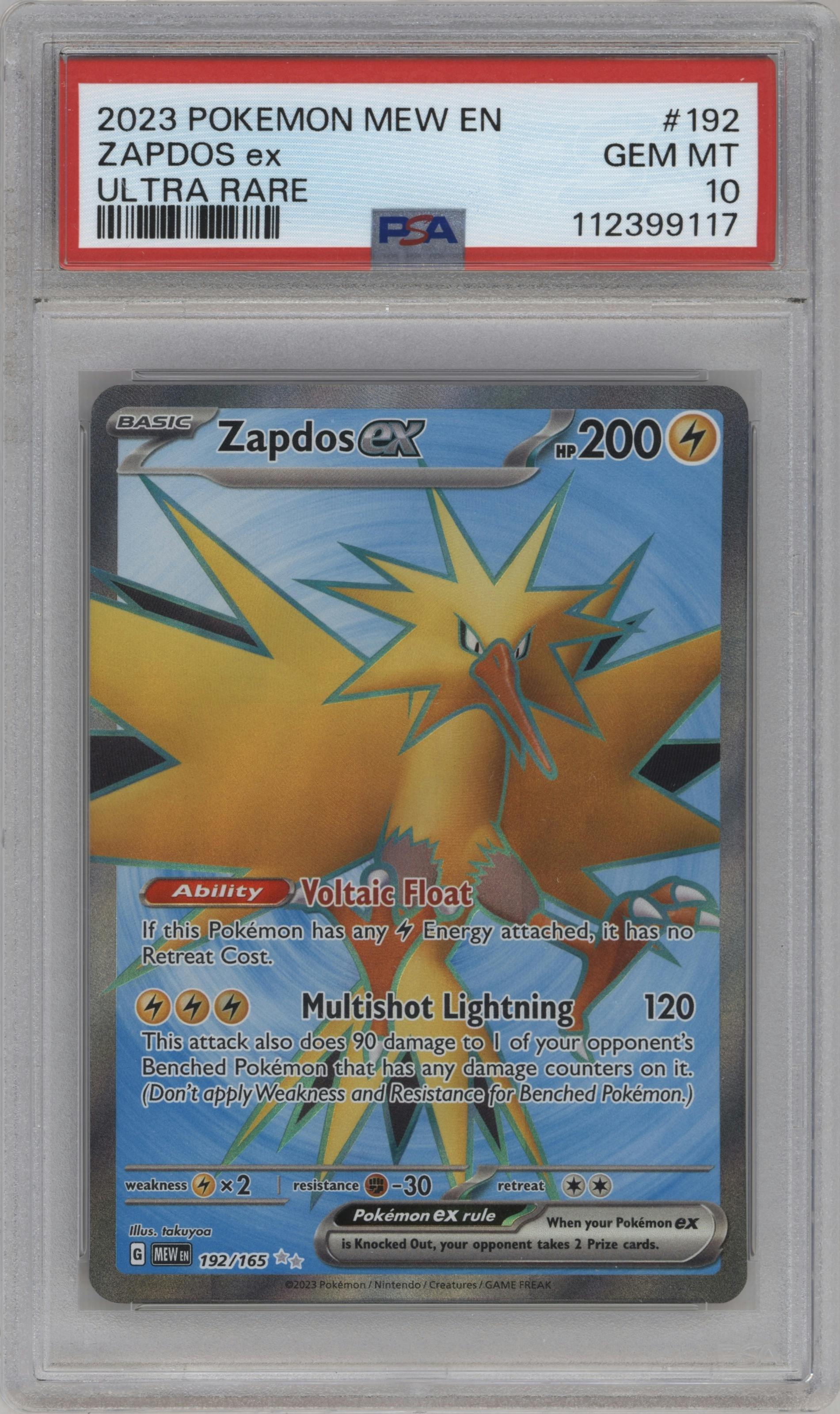 Zapdos EX from the 2023 Pokemon SV set graded by PSA and given an overall grade of 10.