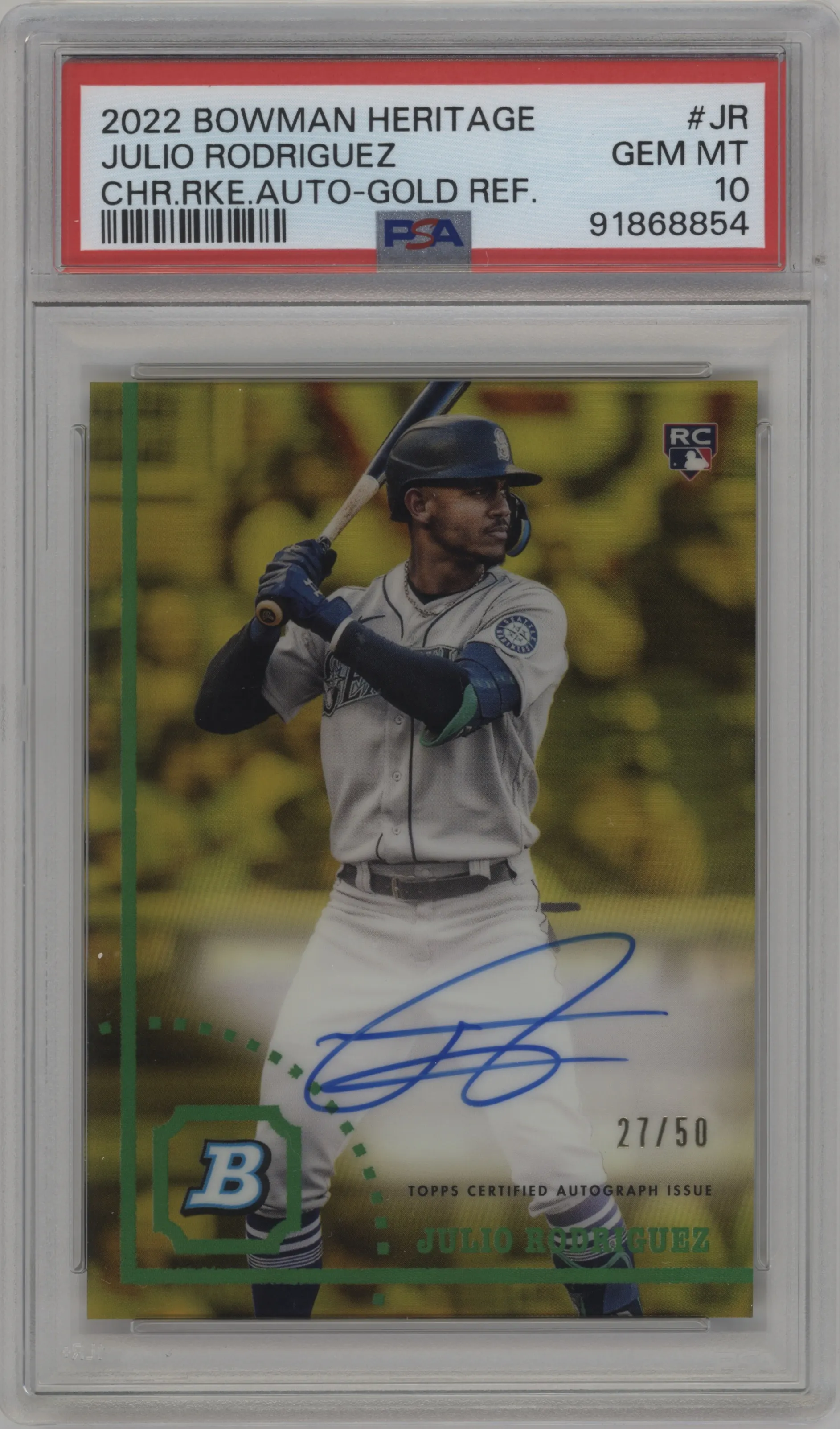 2022 Bowman Heritage Chr.Rke.Auto Julio Rodriguez Gold Refractor PSA 10