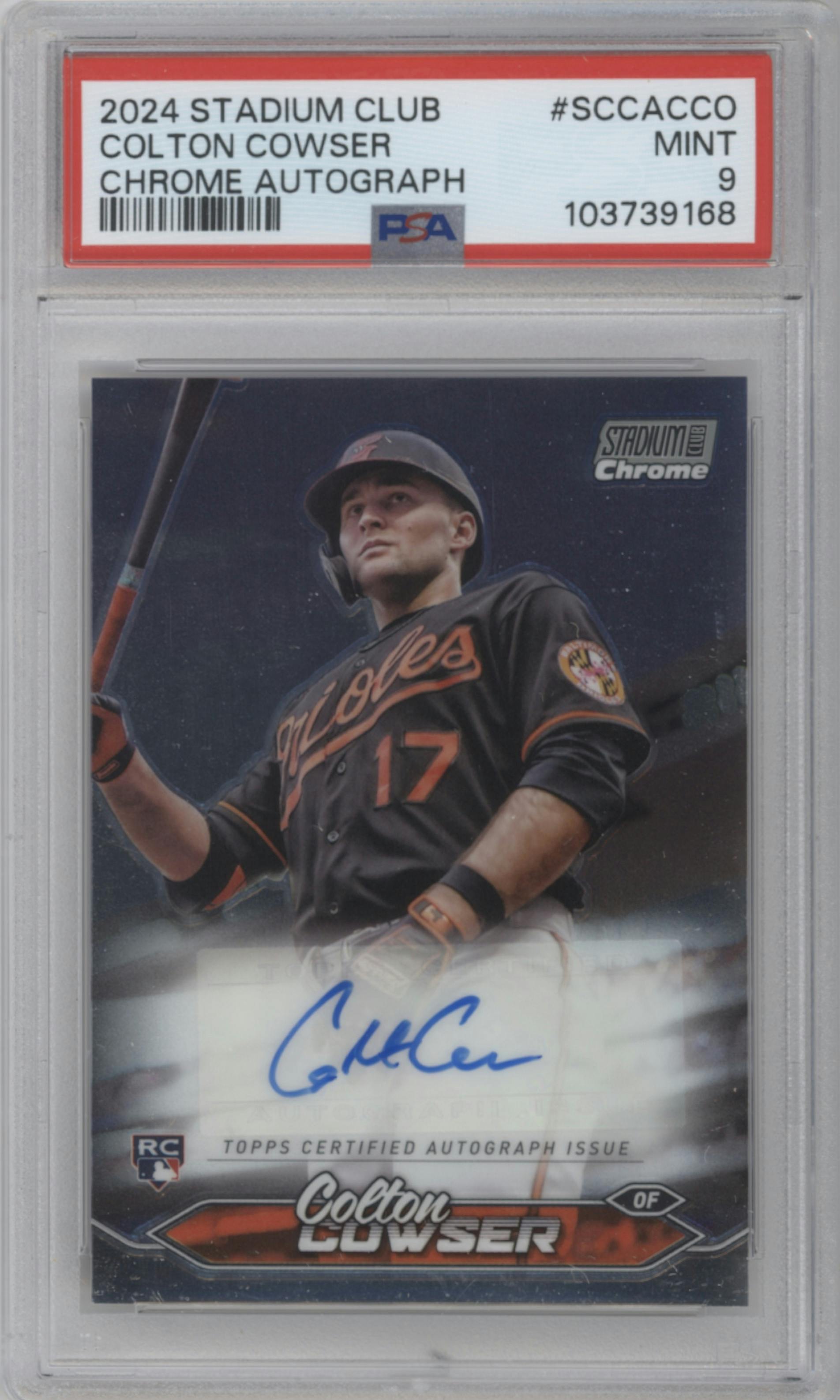 Colton Cowser from the 2024 Topps Stadium Club set graded by PSA and given an overall grade of 9.