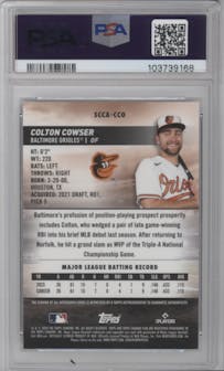 Colton Cowser from the 2024 Topps Stadium Club set graded by PSA and given an overall grade of 9.