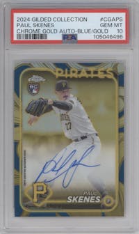 Paul Skenes from the 2024 Topps Gilded Collection set featuring a Blue/Gold parallel graded by PSA and given an overall grade of 10.