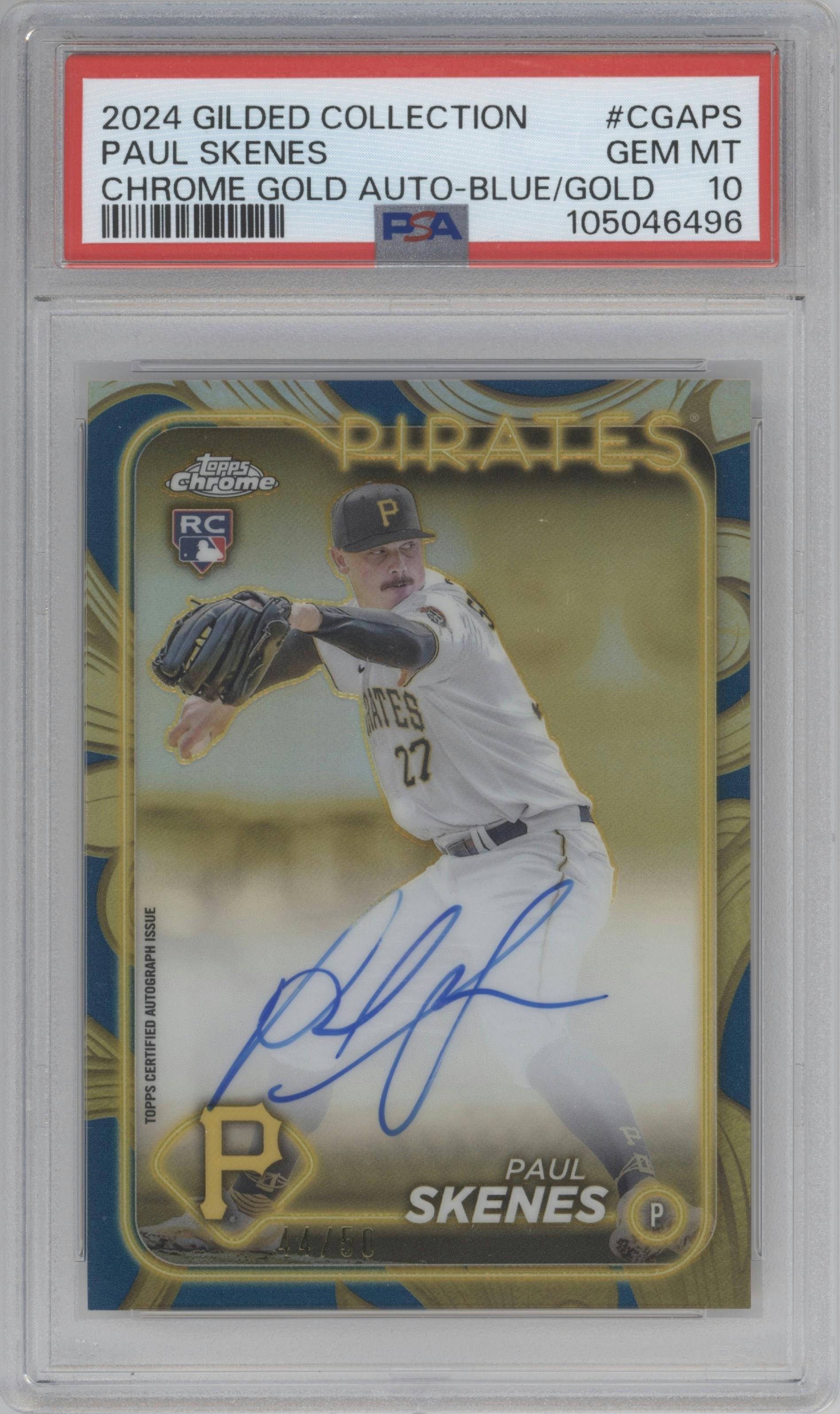 Paul Skenes from the 2024 Topps Gilded Collection set featuring a Blue/Gold parallel graded by PSA and given an overall grade of 10.
