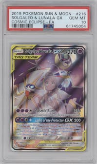 Solgaleo & Lunala GX from the 2019 Pokemon S&M  set graded by PSA and given an overall grade of 10.