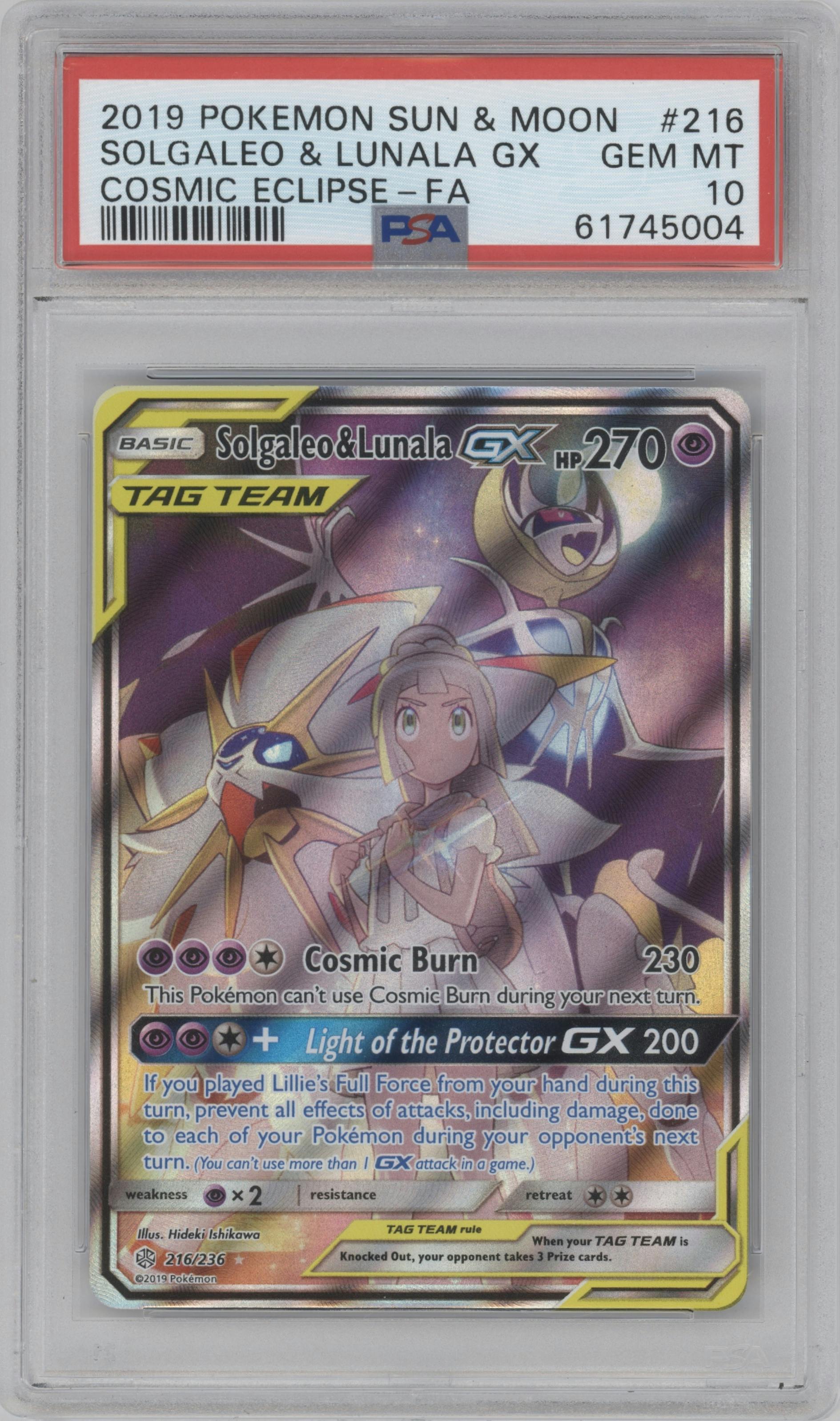 Solgaleo & Lunala GX from the 2019 Pokemon S&M  set graded by PSA and given an overall grade of 10.