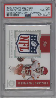Patrick Mahomes II from the 2020 Panini Encased set featuring a Diamond parallel graded by PSA and given an overall grade of 8.