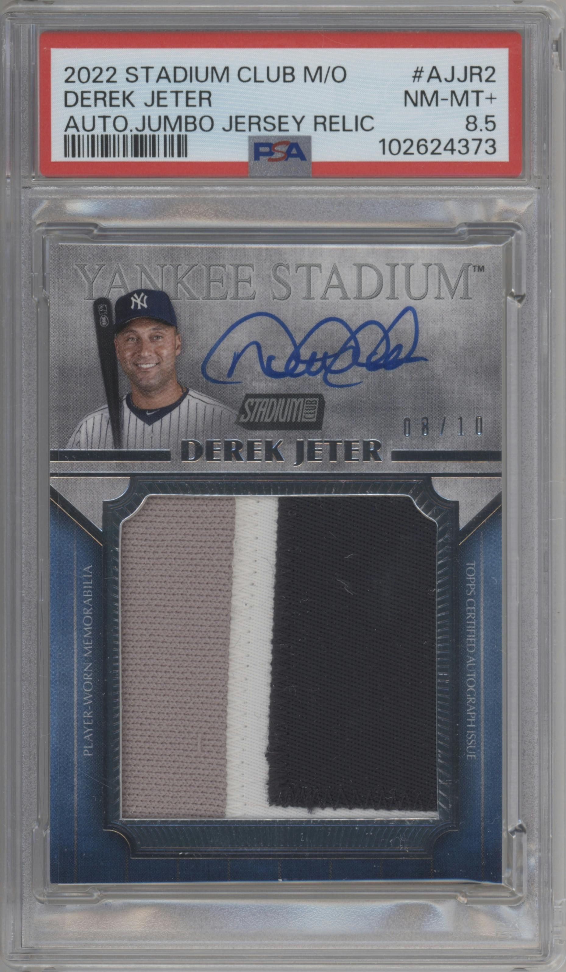 Derek Jeter from the 2022 Topps Stadium Club Members Only Derek Jeter set graded by PSA and given an overall grade of 8.5.
