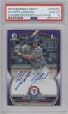 Wyatt Langford from the 2023 Bowman Draft set featuring a Purple Refractor parallel graded by PSA and given an overall grade of 10.