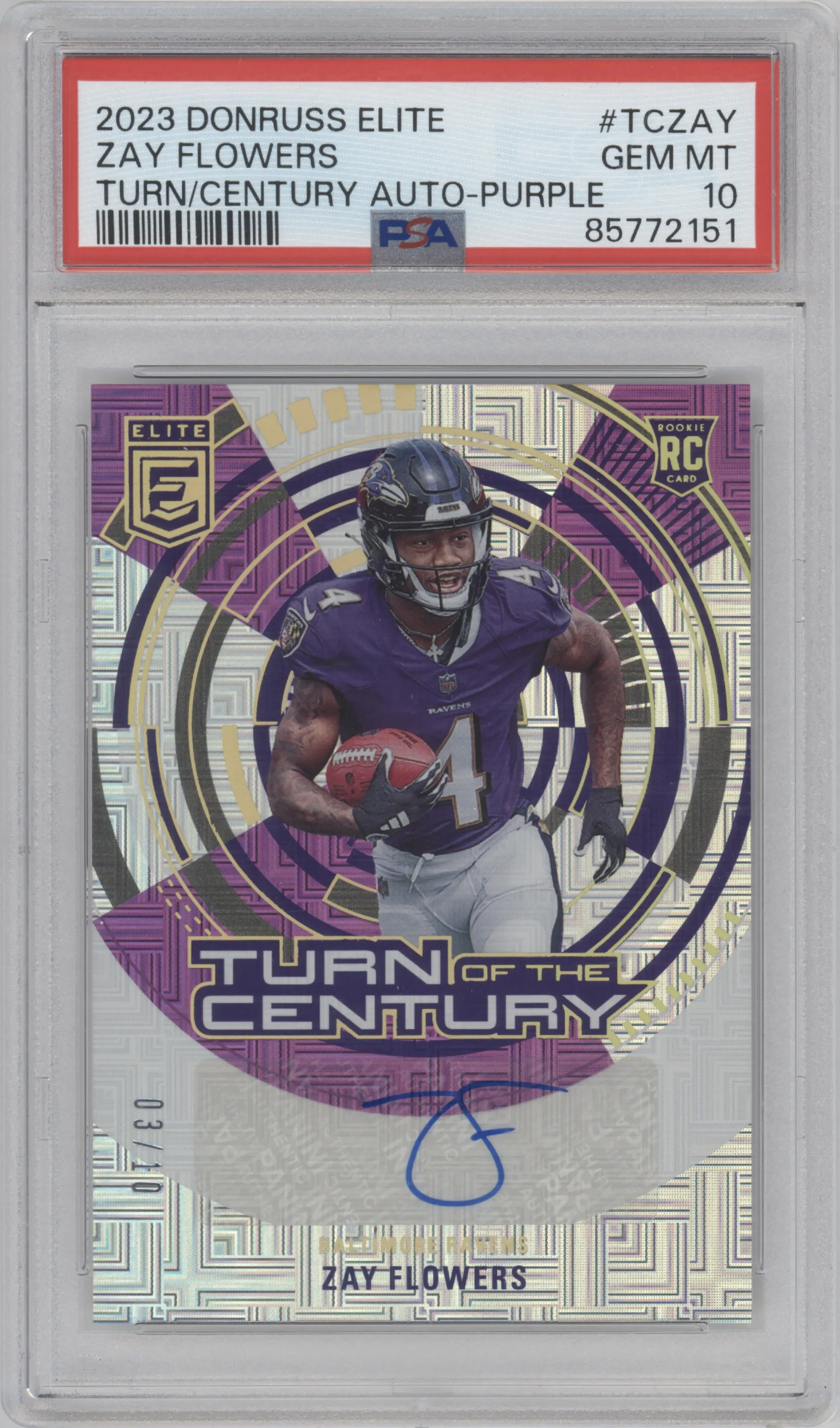 2023 Panini Donruss Elite TOTC Auto Zay Flowers Purple #TC-ZAY PSA 10