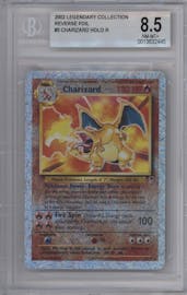 Charizard from the 2002 Pokemon  set graded by Beckett and given an overall grade of 8.5.