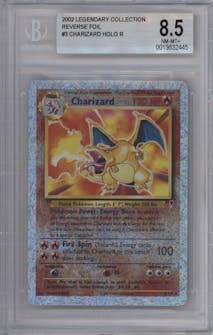 Charizard from the 2002 Pokemon  set graded by Beckett and given an overall grade of 8.5.