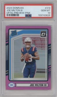 Joe Milton III  from the 2024 Donruss set featuring a Pink parallel graded by PSA and given an overall grade of 10.