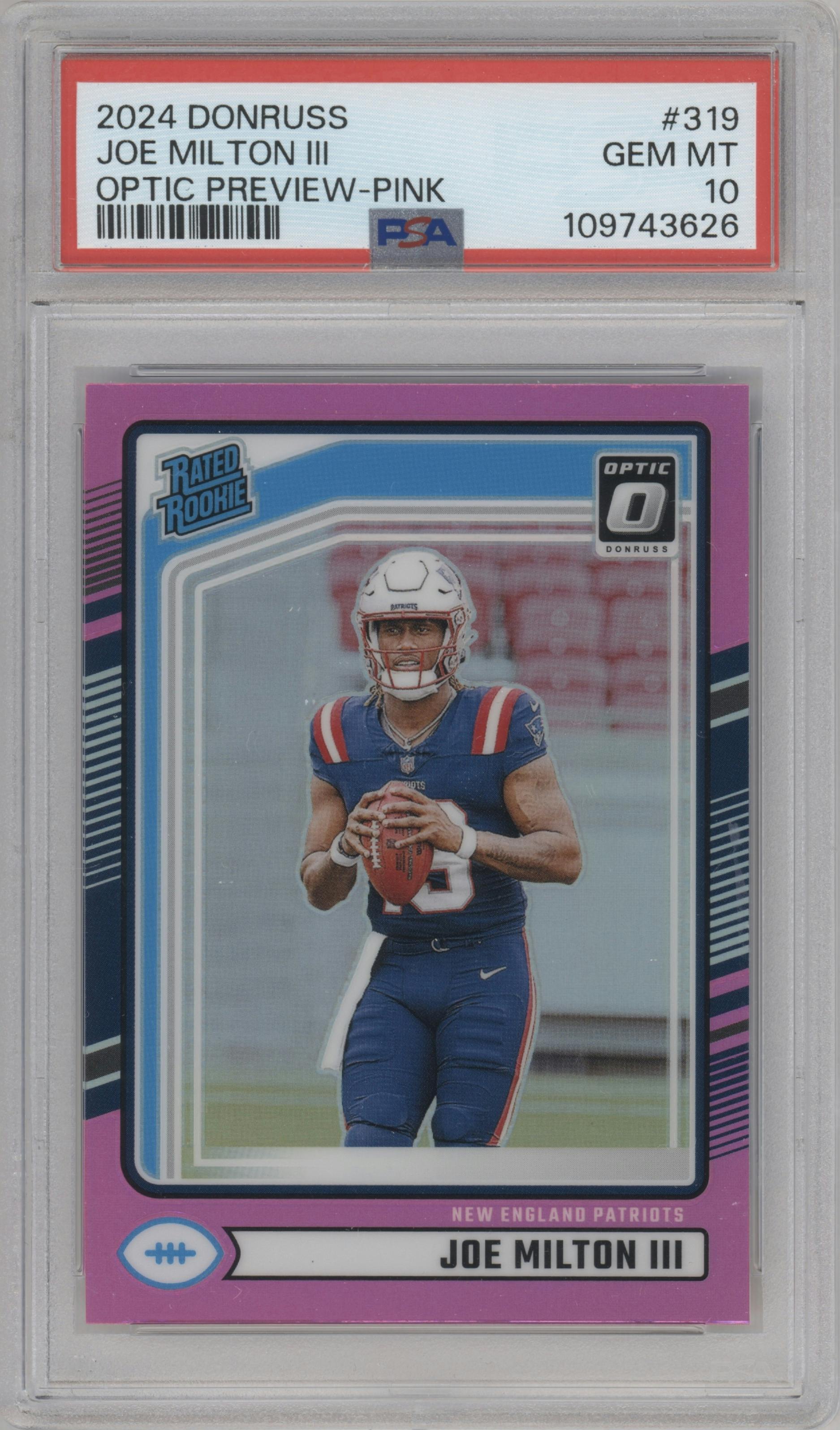 Joe Milton III  from the 2024 Donruss set featuring a Pink parallel graded by PSA and given an overall grade of 10.