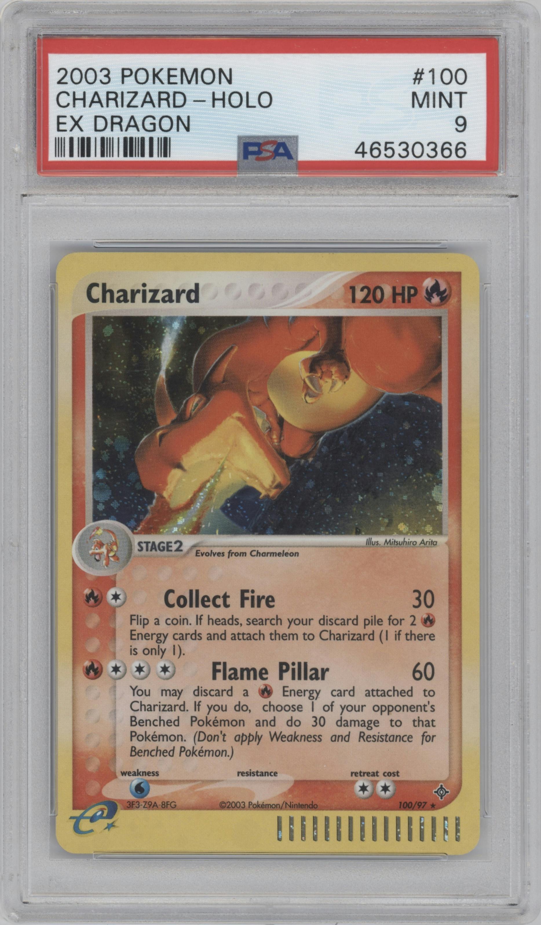Charizard from the 2003 Pokemon EX set graded by PSA and given an overall grade of 9.