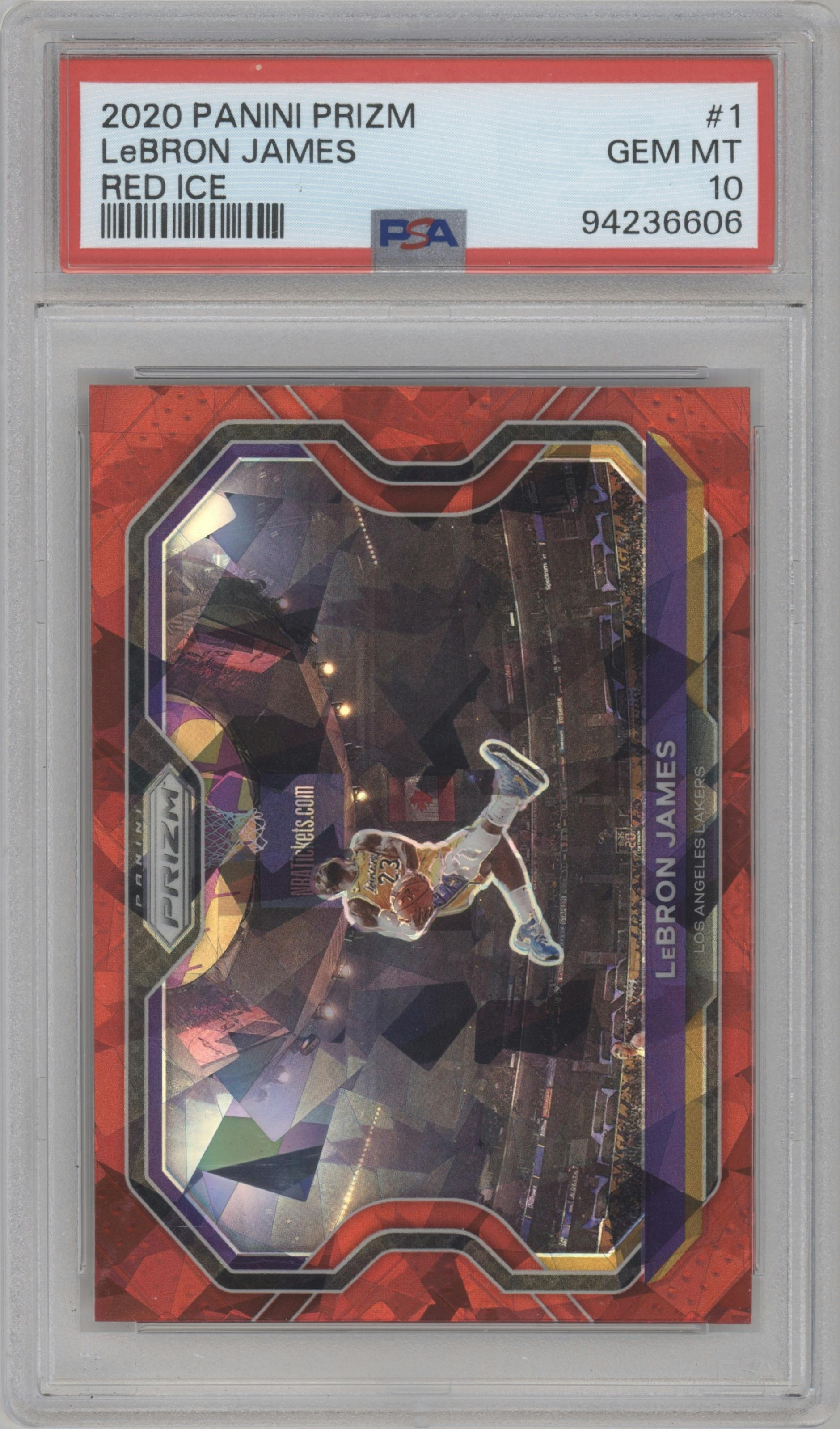 LeBron James from the 2020-21 Panini Prizm set featuring a Red Ice parallel graded by PSA and given an overall grade of 10.