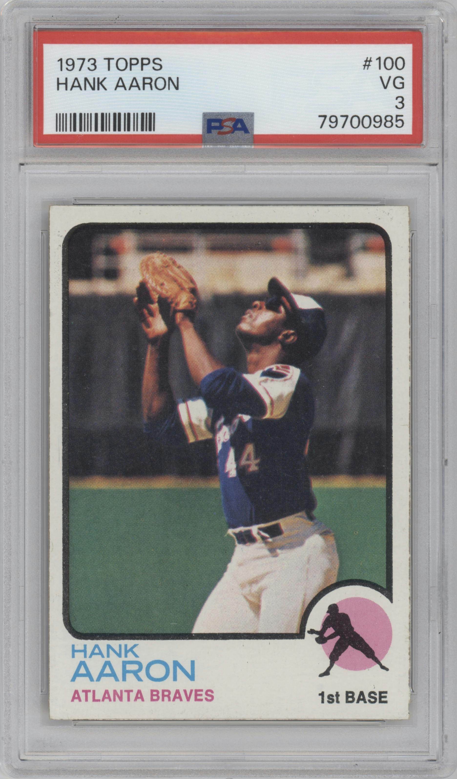 Hank Aaron from the 1973 Topps set graded by PSA and given an overall grade of 3.