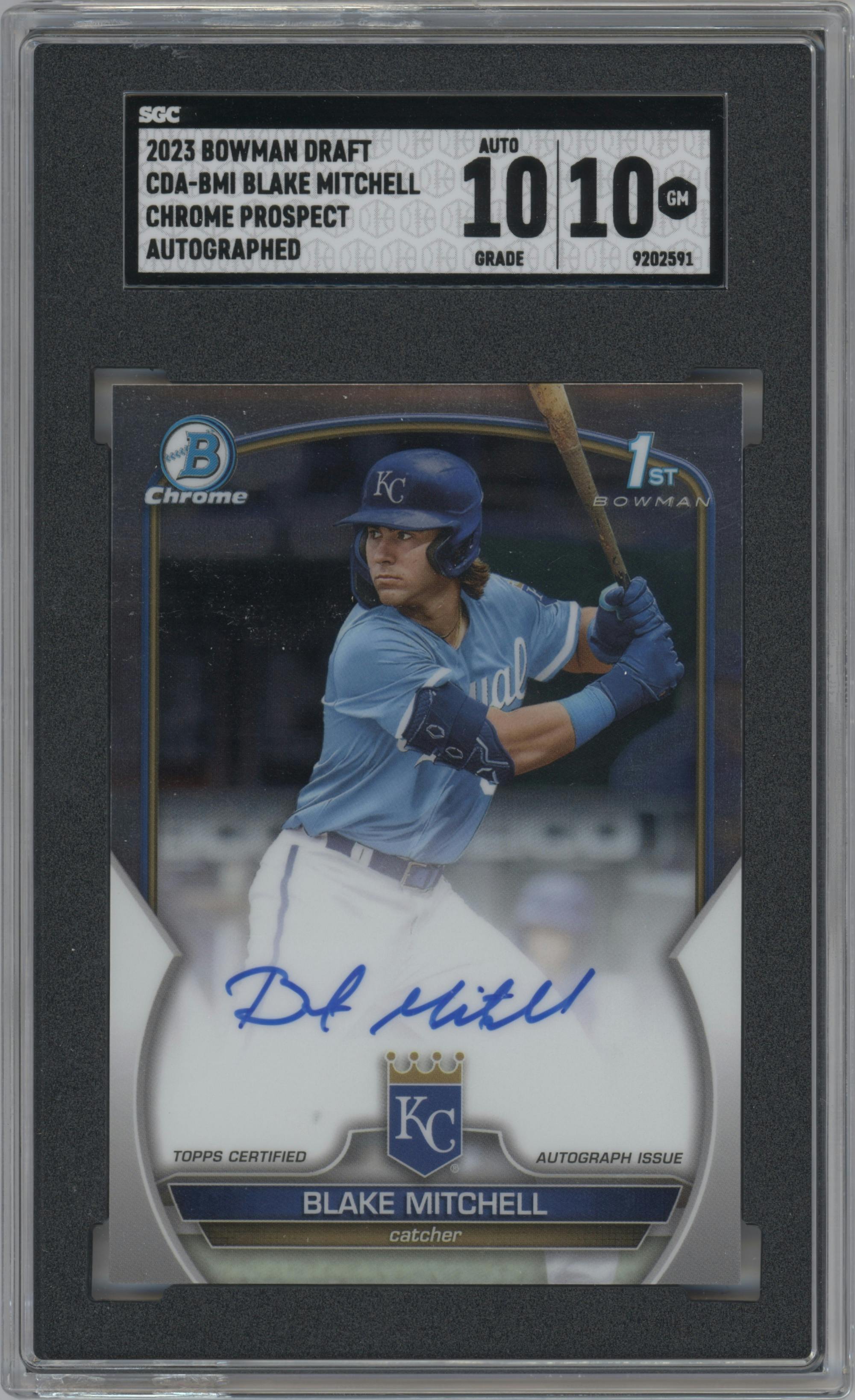 Blake Mitchell from the 2023 Bowman Draft set graded by SGC and given an overall grade of 10.