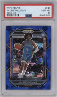 Jalen Williams from the 2022-23 Panini Prizm  set featuring a Blue Ice parallel graded by PSA and given an overall grade of 10.