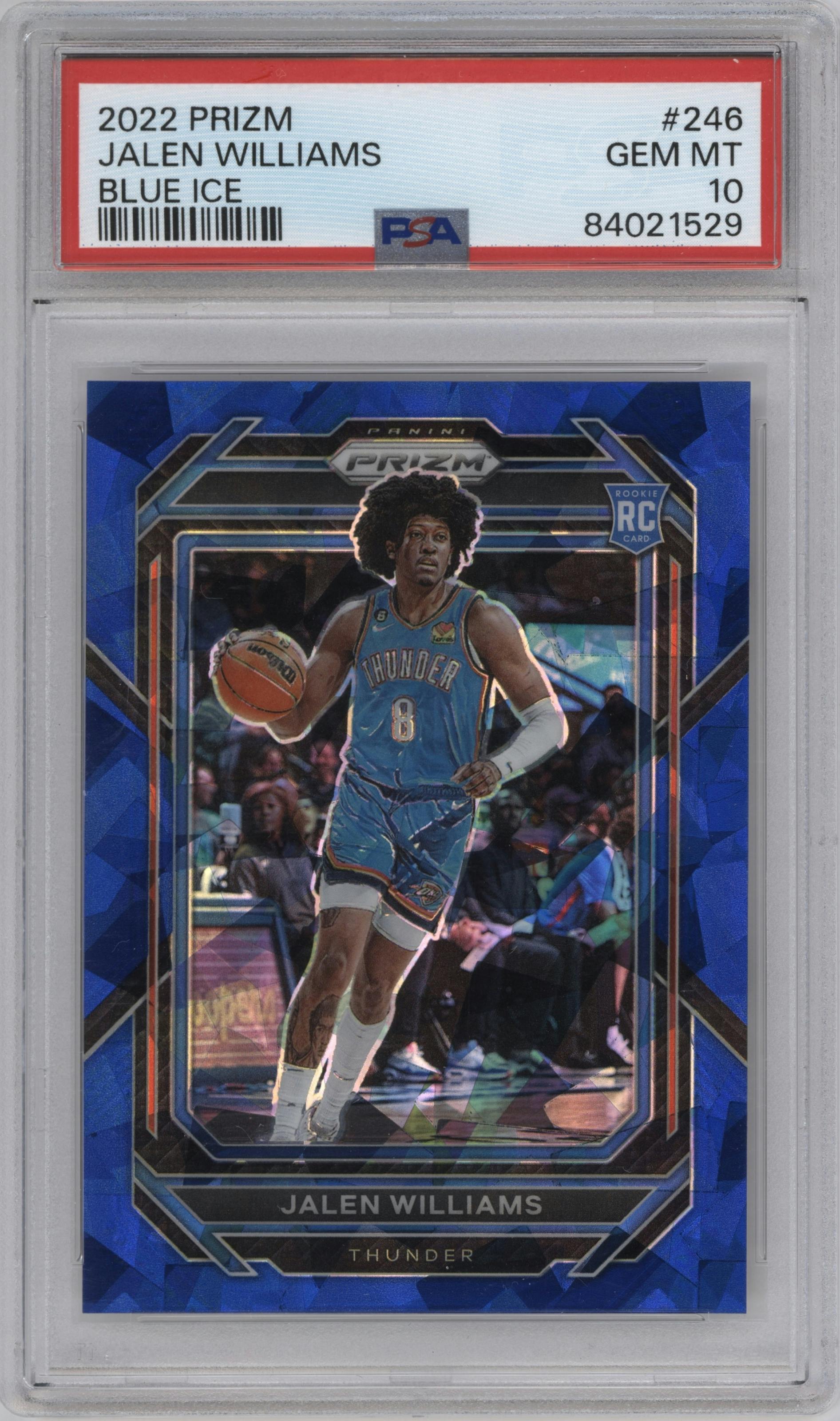 Jalen Williams from the 2022-23 Panini Prizm  set featuring a Blue Ice parallel graded by PSA and given an overall grade of 10.