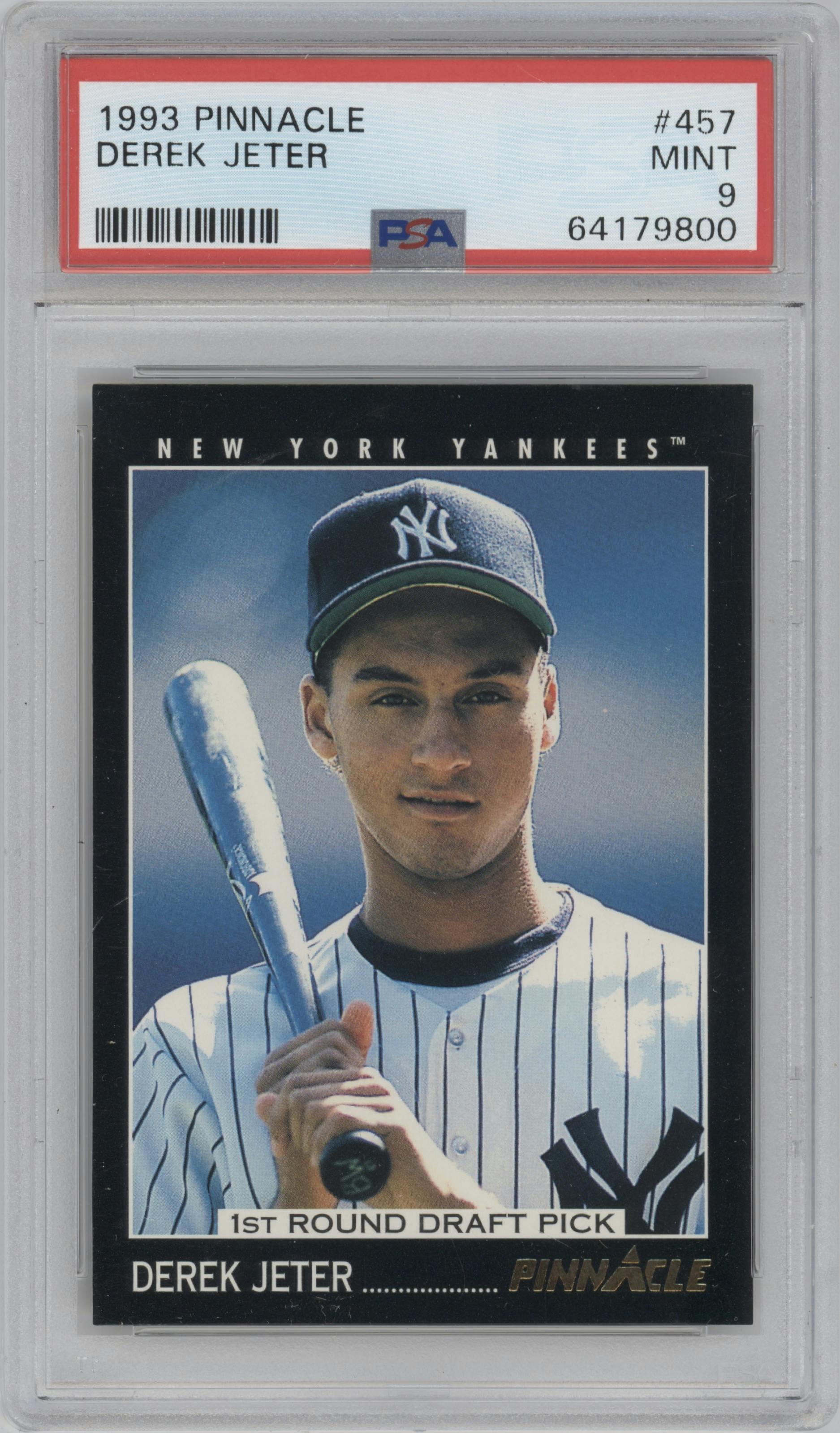 Derek Jeter from the 1993 Pinnacle set graded by PSA and given an overall grade of 9.