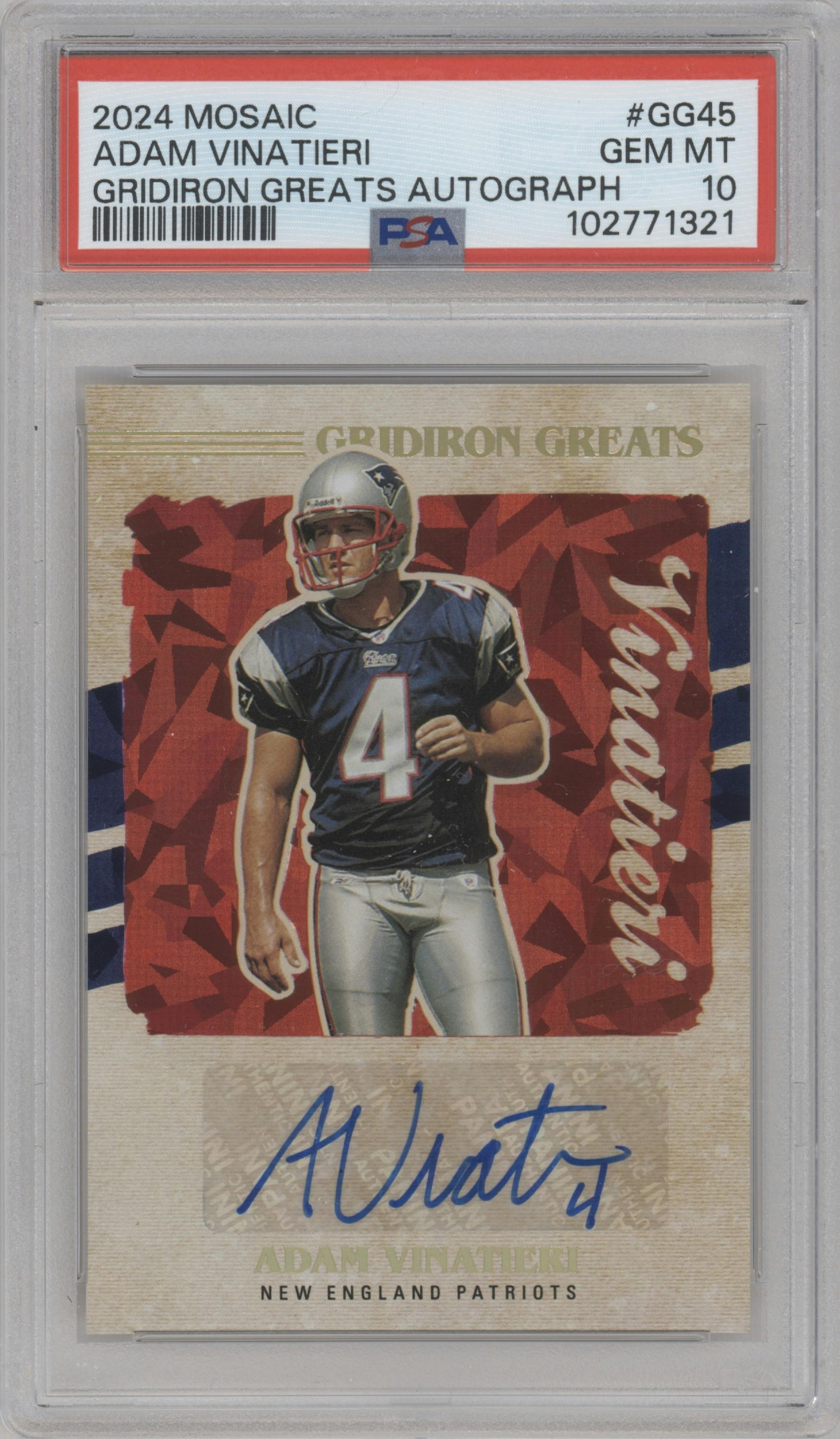Adam Vinatieri from the 2024 Panini Mosaic set graded by PSA and given an overall grade of 10.