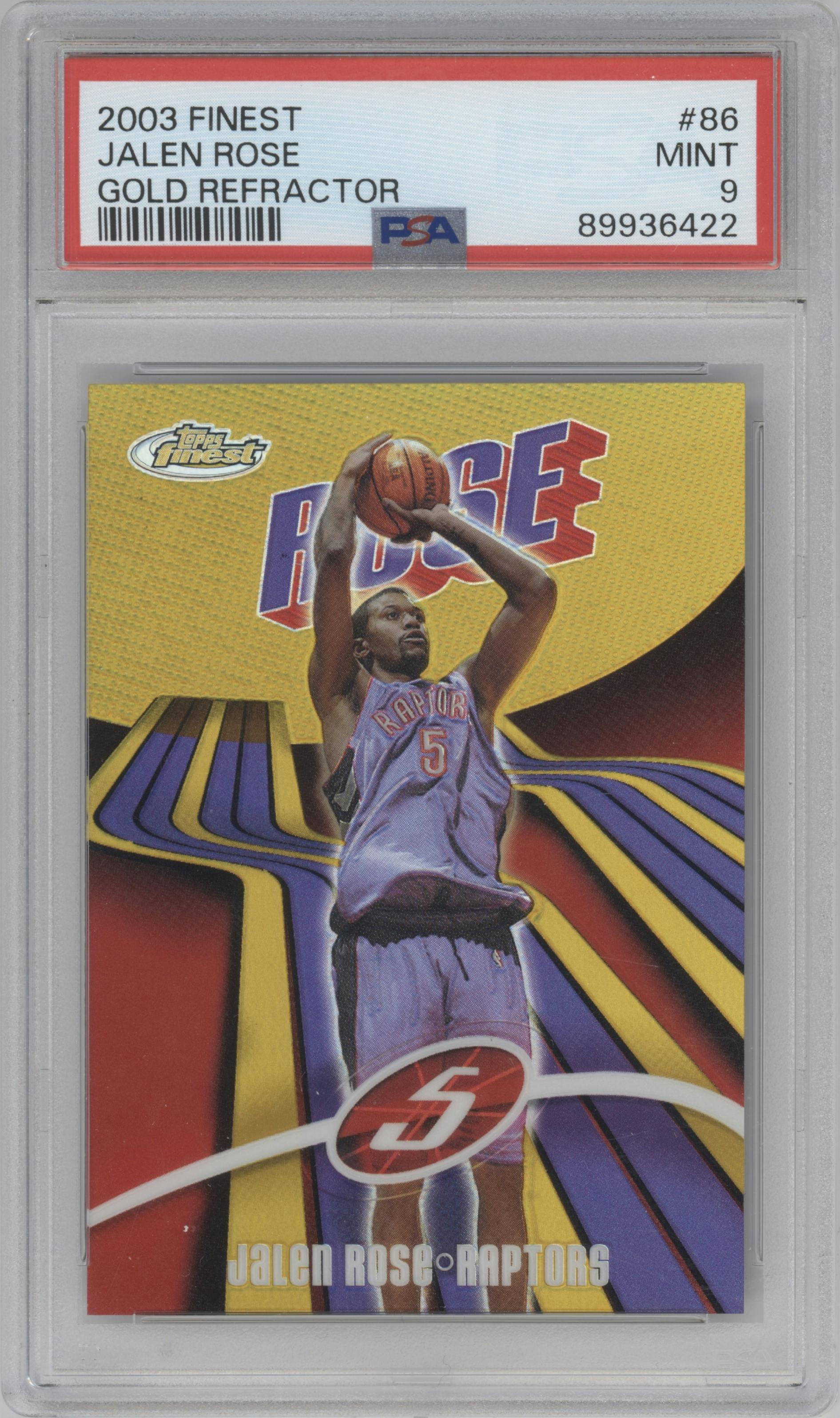 Jalen Rose from the 2003-04 Topps Finest set featuring a Gold Refractor parallel graded by PSA and given an overall grade of 9.