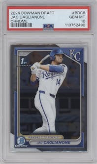 Jac Caglianone from the 2024 Bowman Draft set graded by PSA and given an overall grade of 10.