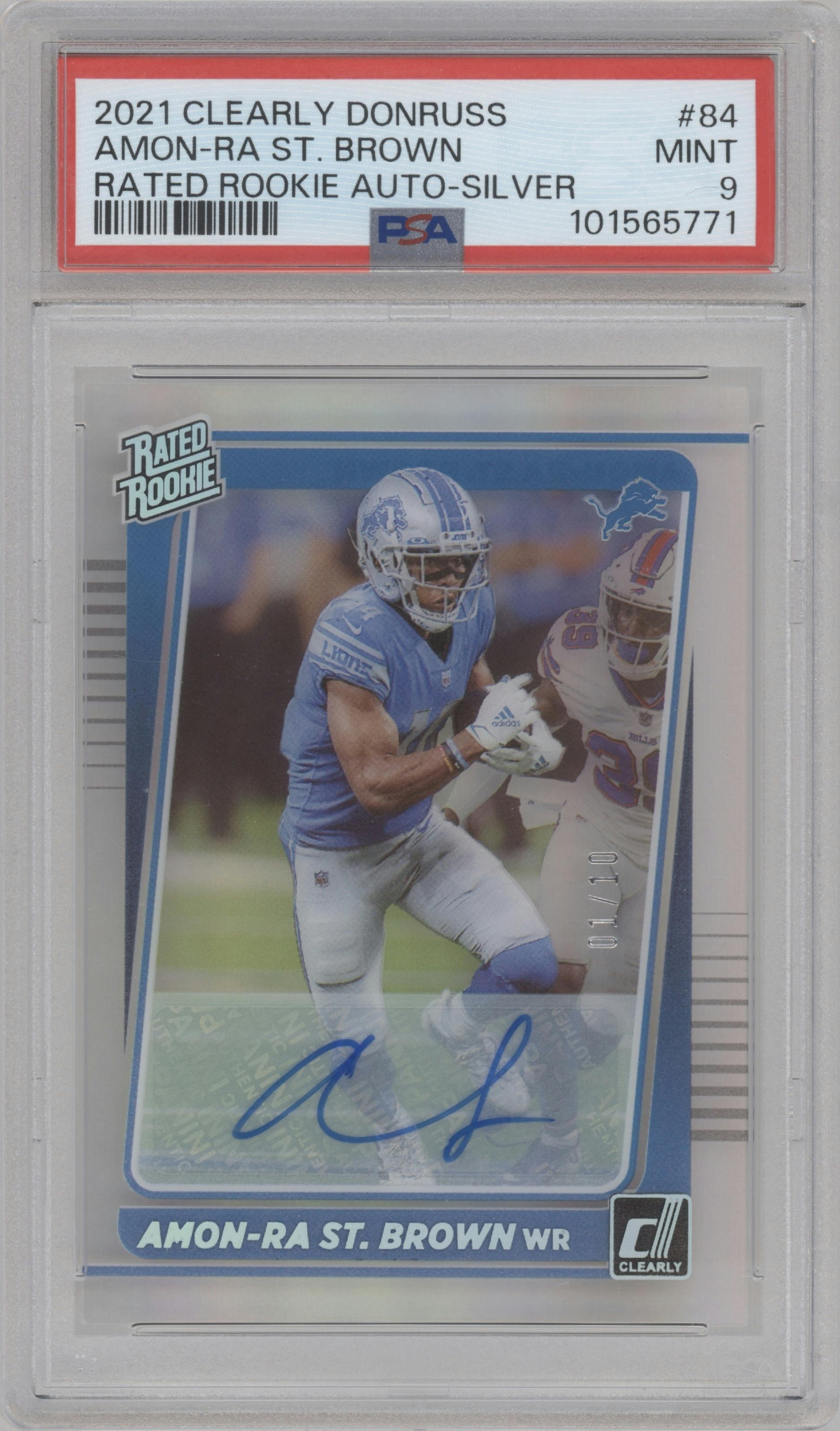Amon-Ra St. Brown from the 2021 Panini Clearly Donruss set featuring a Silver parallel graded by PSA and given an overall grade of 9.