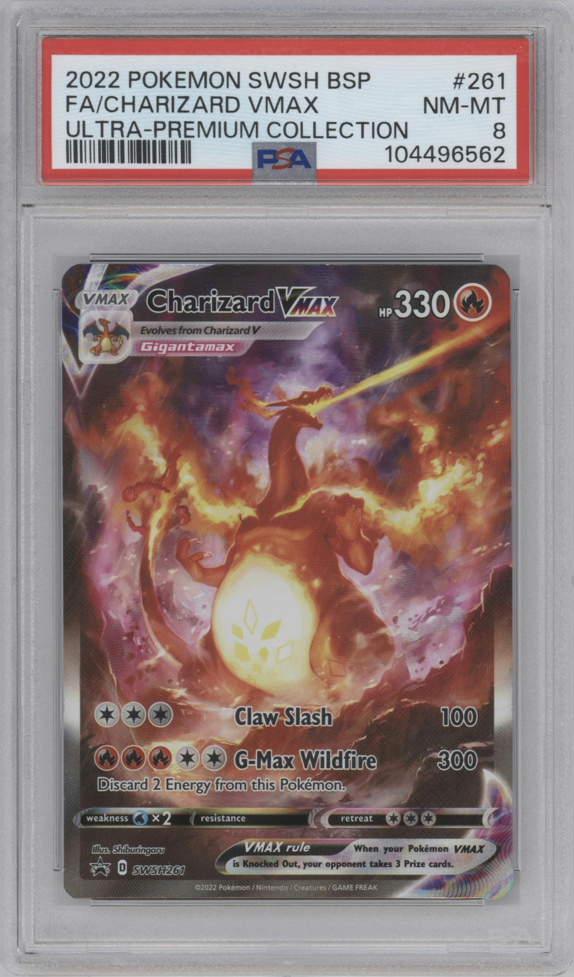 Charizard VMAX  from the 2022 Pokemon SWSH set featuring a Ultra Premium Collection parallel graded by PSA and given an overall grade of 8.