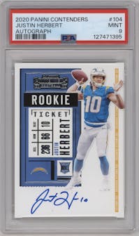 Justin Herbert from the 2020 Panini Contenders set graded by PSA and given an overall grade of 9.