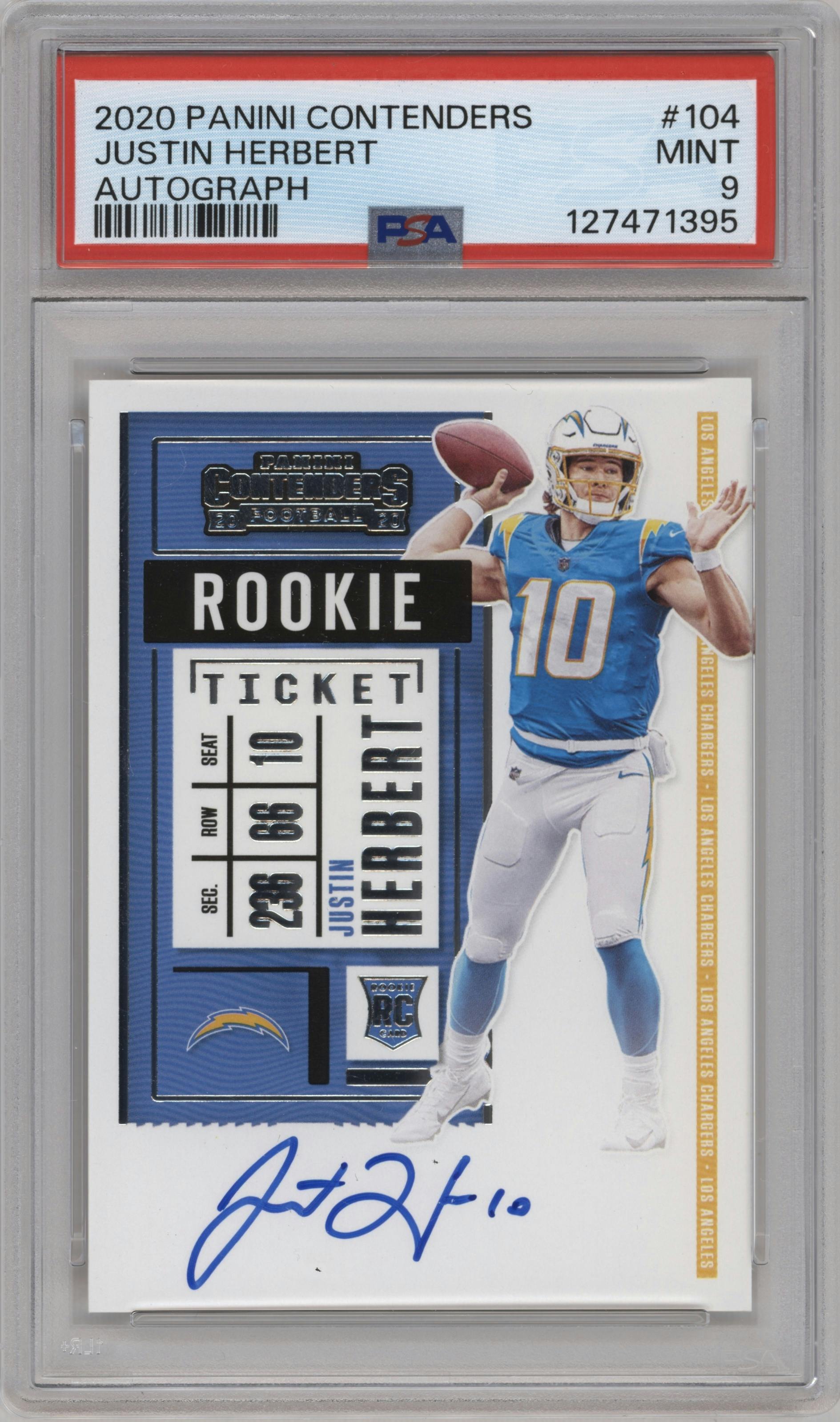 Justin Herbert from the 2020 Panini Contenders set graded by PSA and given an overall grade of 9.