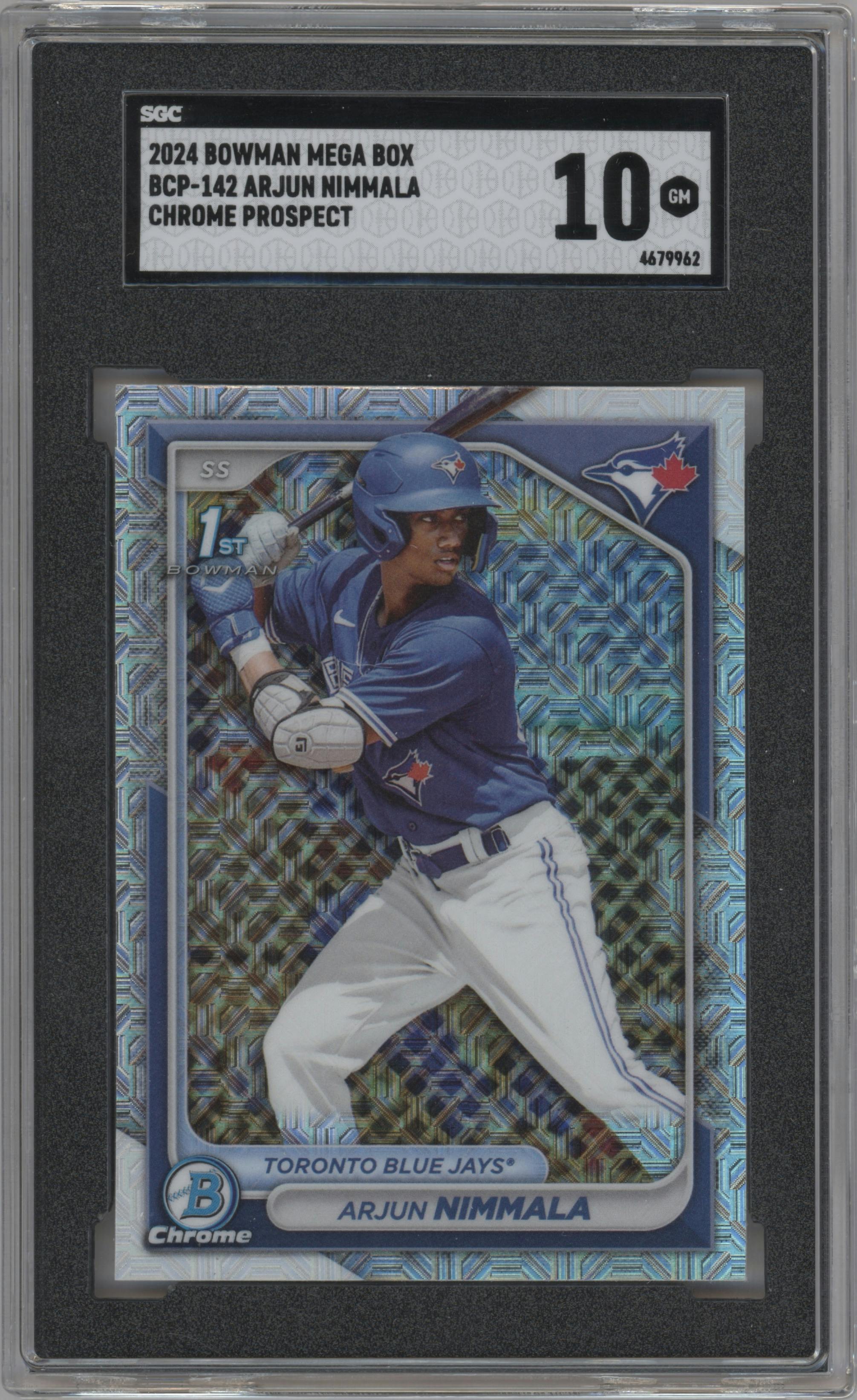 Arjun Nimmala from the 2024 Bowman Mega Box set graded by SGC and given an overall grade of 10.