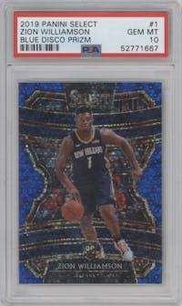 Zion Williamson from the 2019-20 Panini Select set featuring a Disco Blue parallel graded by PSA and given an overall grade of 10.