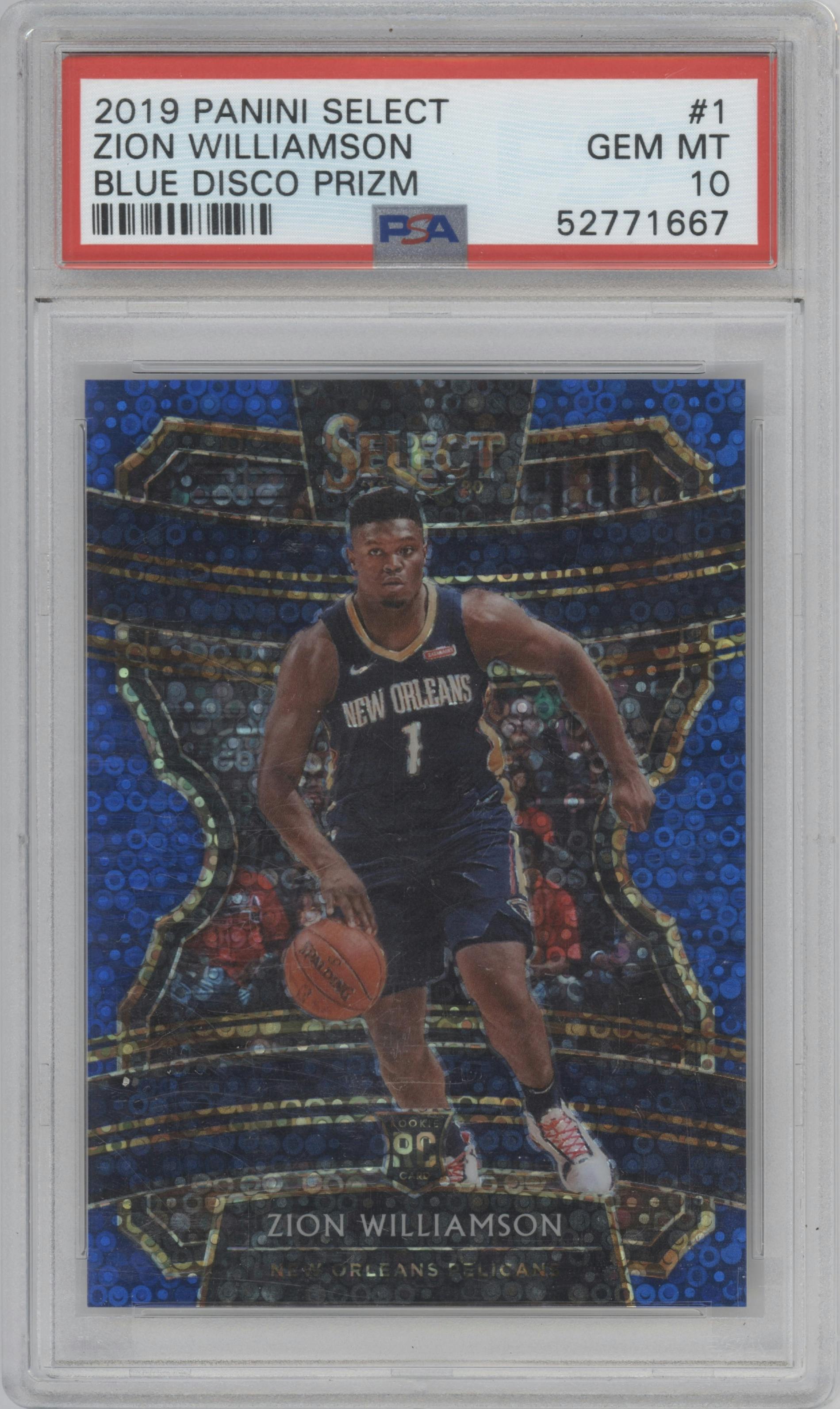 Zion Williamson from the 2019-20 Panini Select set featuring a Disco Blue parallel graded by PSA and given an overall grade of 10.