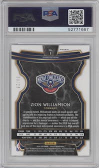 Zion Williamson from the 2019-20 Panini Select set featuring a Disco Blue parallel graded by PSA and given an overall grade of 10.