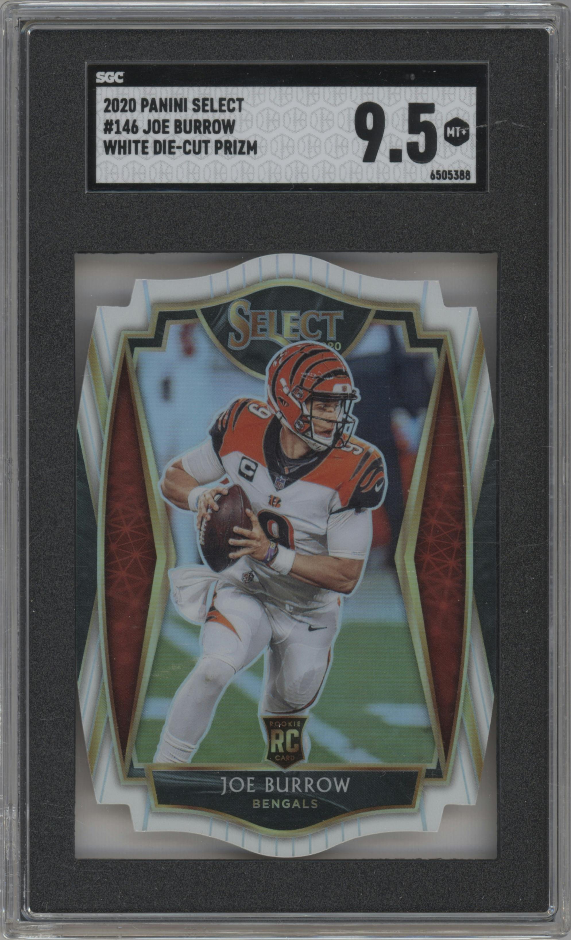 Joe Burrow from the 2020 Panini Select set featuring a Die-Cut White  parallel graded by SGC and given an overall grade of 9.5.