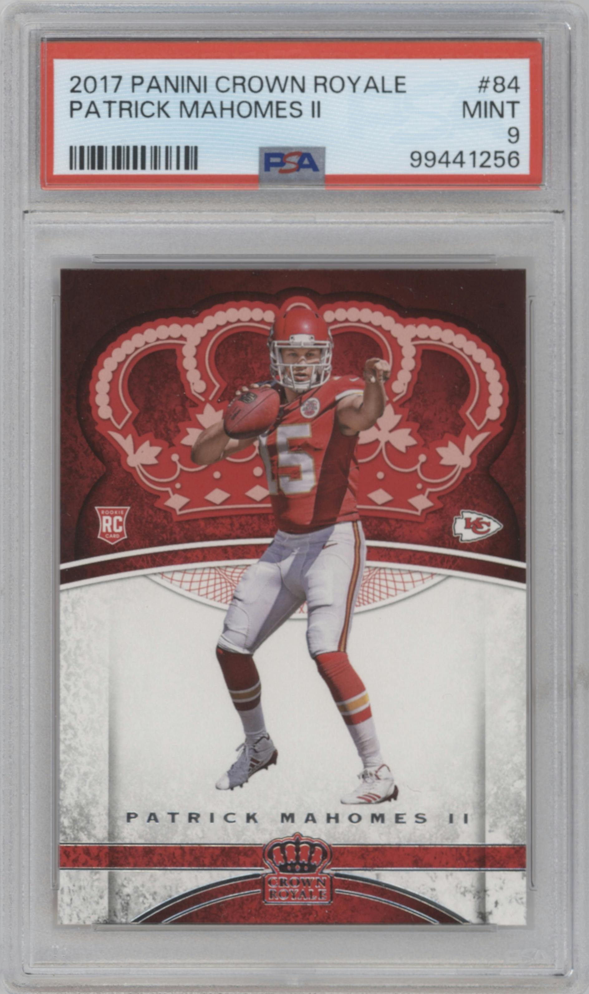 Patrick Mahomes II from the 2017 Panini Crown Royale set graded by PSA and given an overall grade of 9.