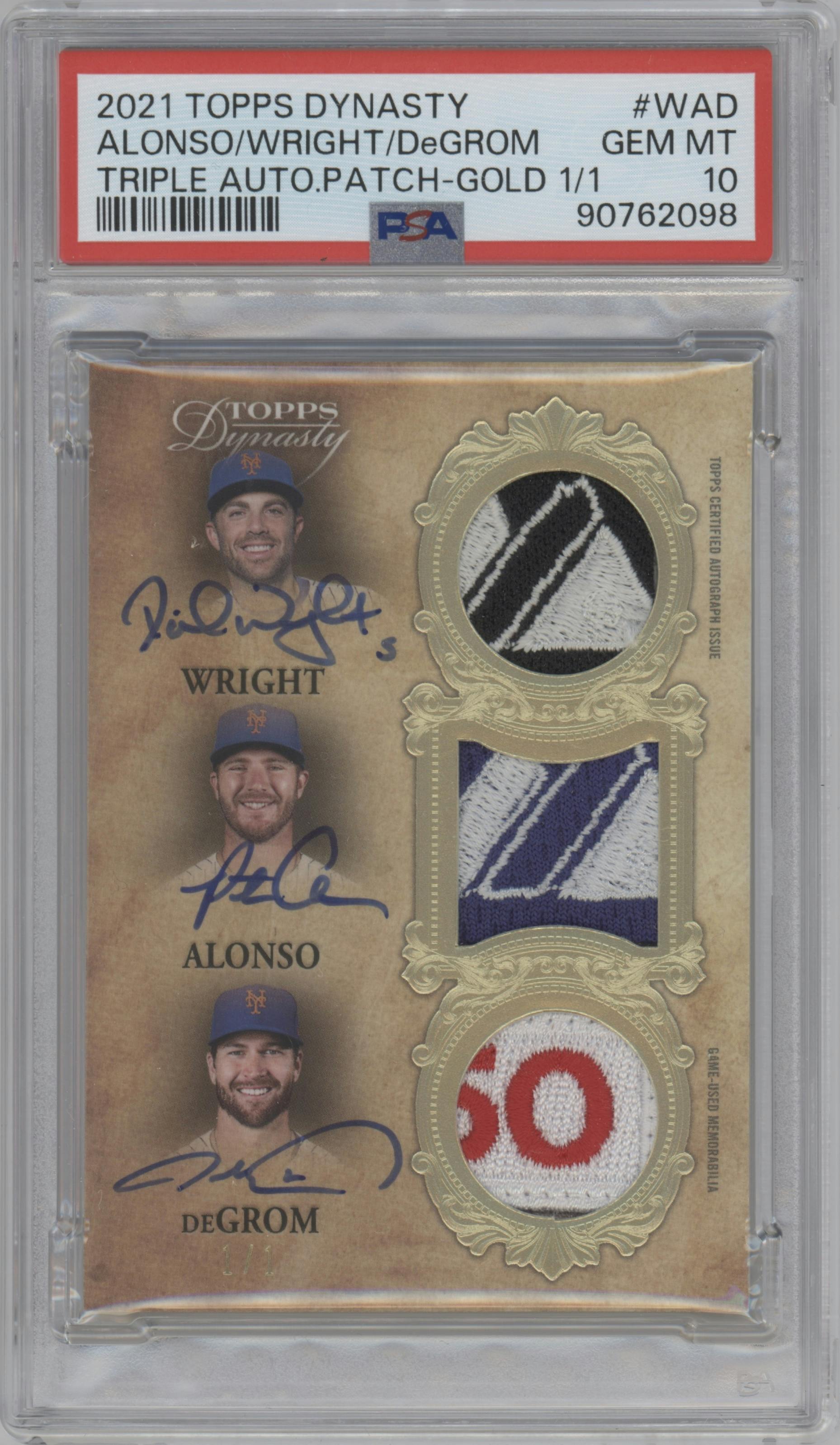 Pete Alonso/David Wright /Jacob deGrom from the 2021 Topps Dynasty set featuring a Gold parallel graded by PSA and given an overall grade of 10.
