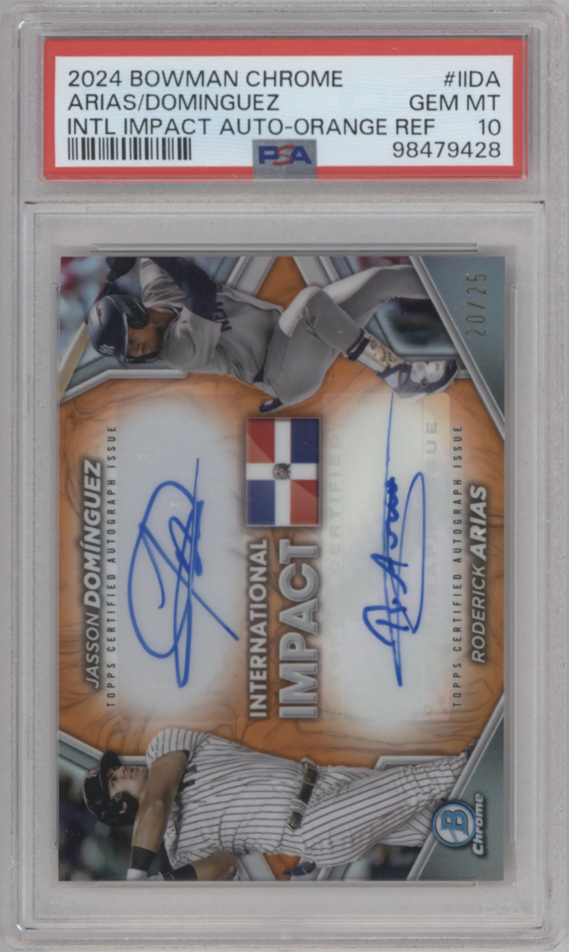 2024 Bowman Chrome Int.Impact Auto Roderick Arias/Jasson Dominguez Orange Refractor PSA 10
