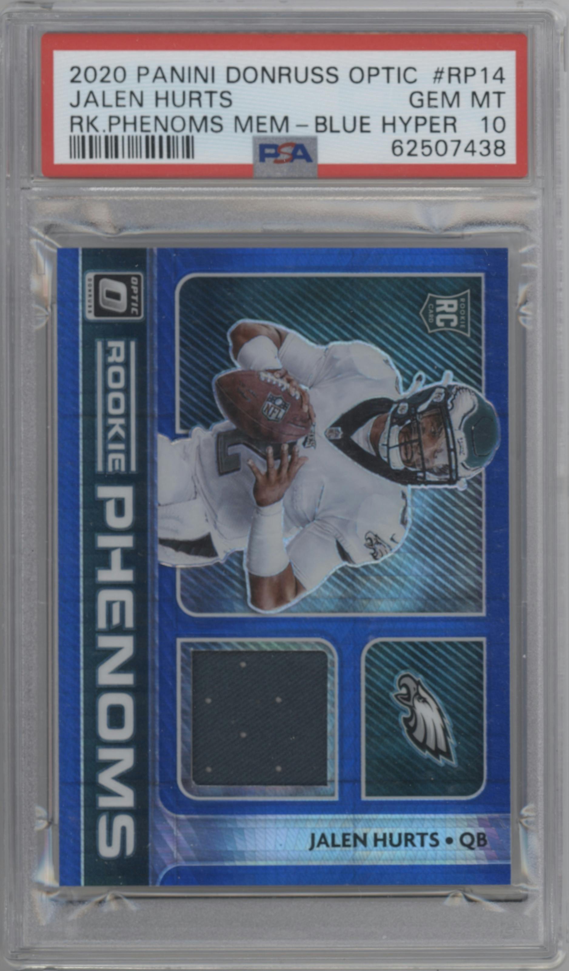 Jalen Hurts from the 2020 Panini Donruss Optic set featuring a Blue Hyper parallel graded by PSA and given an overall grade of 10.
