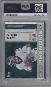 Jalen Hurts from the 2020 Panini Donruss Optic set featuring a Blue Hyper parallel graded by PSA and given an overall grade of 10.