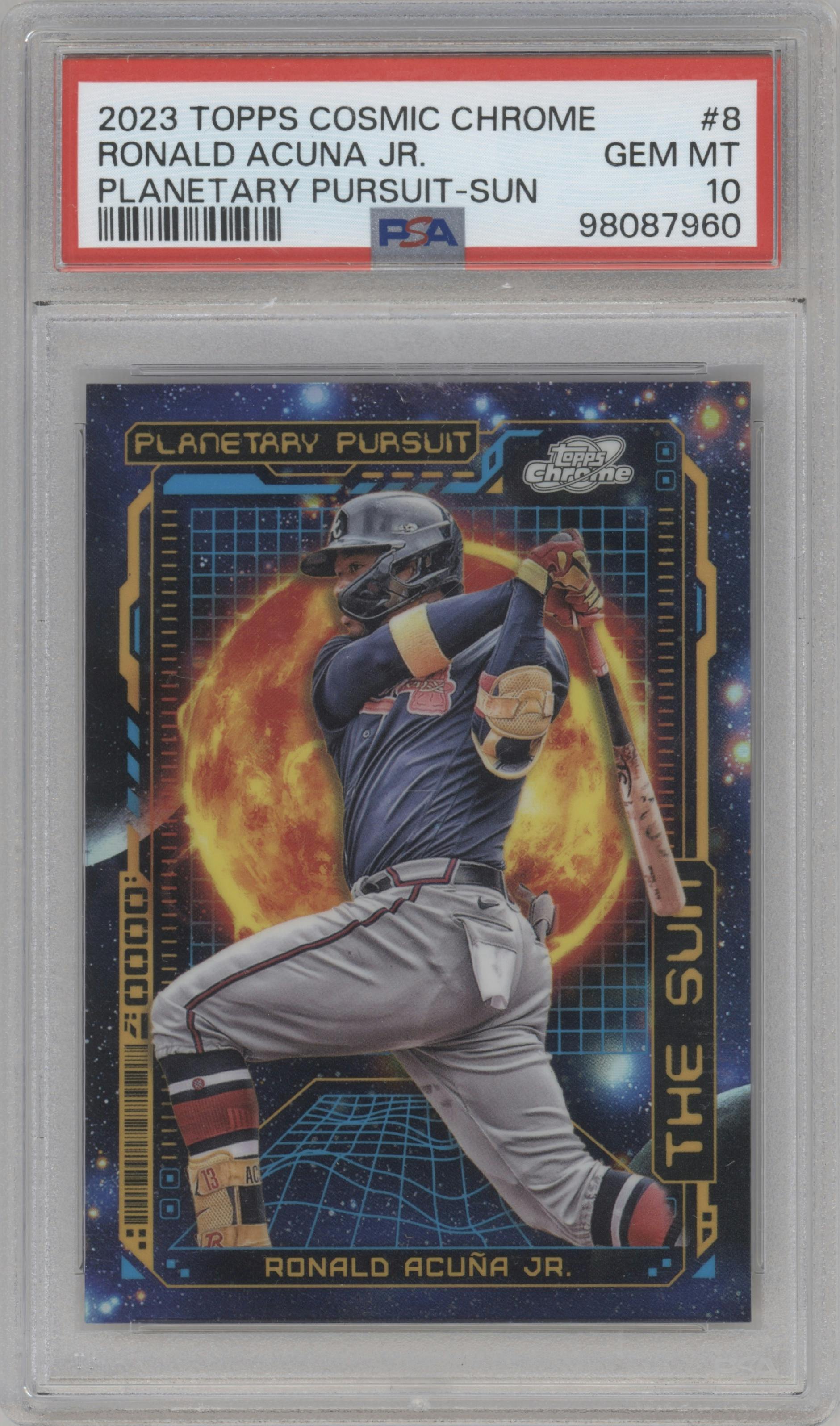 Ronald Acuna Jr. from the 2023 Topps Cosmic Chrome set graded by PSA and given an overall grade of 10.