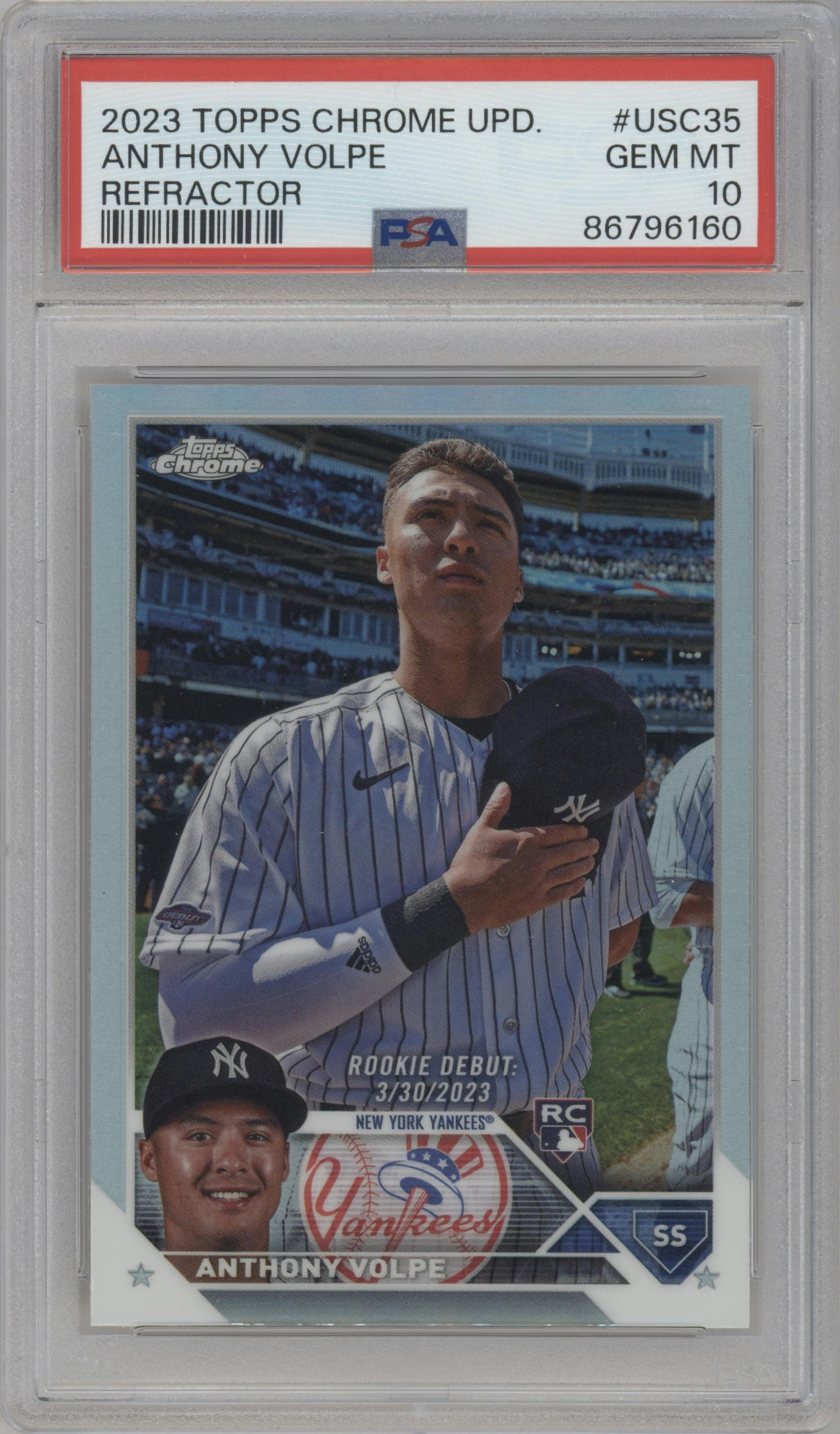 Anthony Volpe from the 2023 Topps Chrome Update set featuring a Refractor parallel graded by PSA and given an overall grade of 10.